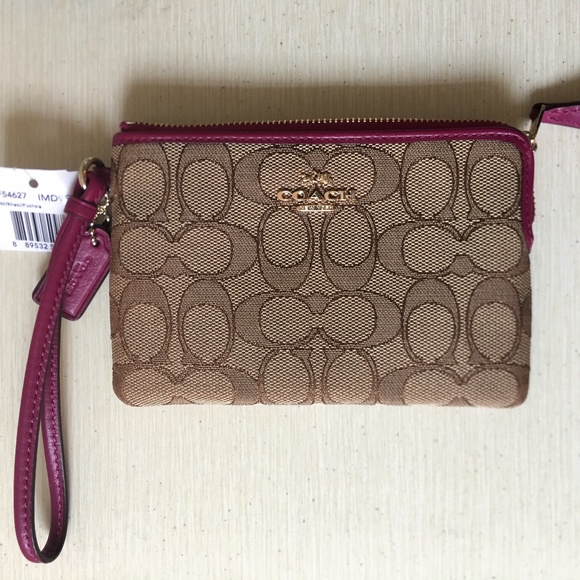 NWT Coach Corner Zip Khaki/ Fuchsia Wristlet - Picture 3 of 6